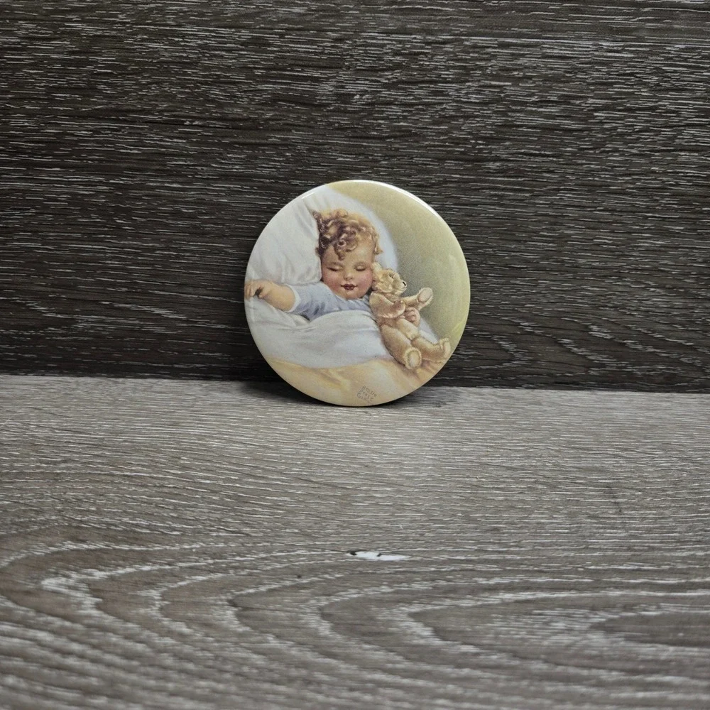 Vintage Bessie Pease Gutmann Happy Dreams Baby Round Pocket Compact Mirror 1990s